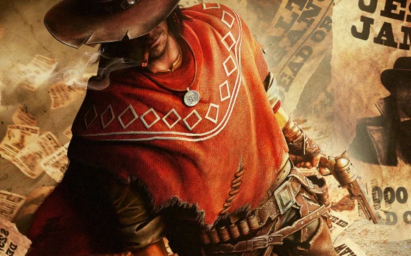 HD PC desktop wallpaper featuring a rugged gunslinger from the video game Call of Juarez: Gunslinger, dressed in a red poncho and cowboy hat against a Western backdrop.