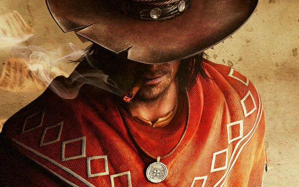 HD PC desktop wallpaper featuring a close-up of a rugged cowboy with a hat and cigar from the video game Call of Juarez: Gunslinger.