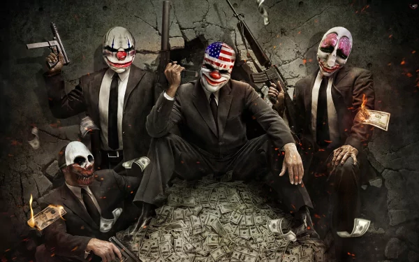 A striking HD desktop wallpaper featuring four characters in suits wearing clown masks, inspired by the video game Payday: The Heist, amidst a backdrop of scattered money.