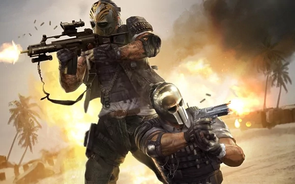 Dynamic HD desktop wallpaper from Army of Two: The Devil's Cartel, featuring two masked characters in an explosive battle scene against a vibrant background.