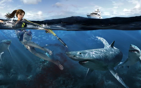 HD PC desktop wallpaper from the video game Tomb Raider: Underworld, featuring Lara Croft underwater surrounded by sharks with a boat above the water.