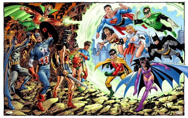 Bucky Barnes Green Lantern Huntress (DC Comics) Power Girl Superman Robin (DC Comics) Wonder Woman Captain America Batman Comic collage HD Desktop Wallpaper | Background Image