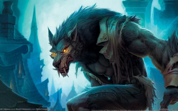 HD desktop wallpaper featuring a fierce werewolf character from the video game World of Warcraft: Cataclysm, set against a dark, ominous background.