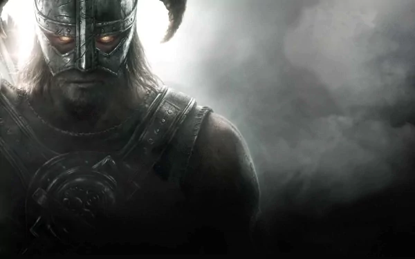 HD PC wallpaper featuring a warrior in detailed armor from The Elder Scrolls V: Skyrim and Dawnguard, set against a dark, misty background.