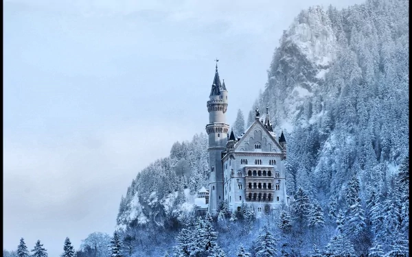 A stunning 4K Ultra HD image of Neuschwanstein Castle, majestically perched among snow-covered mountains and evergreen trees, showcasing its enchanting architecture and winter landscape.