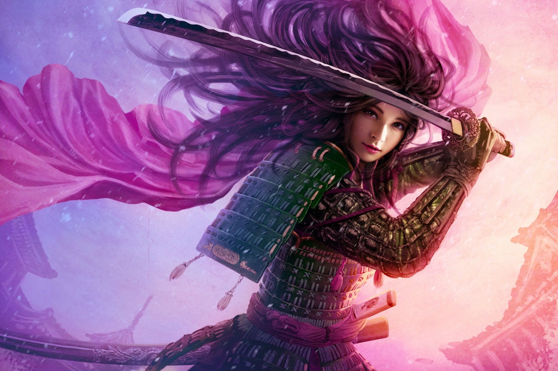 A fierce woman warrior brandishes a sword, her vibrant hair and flowing cape enhancing the fantasy theme. This HD image serves as an engaging desktop wallpaper.
