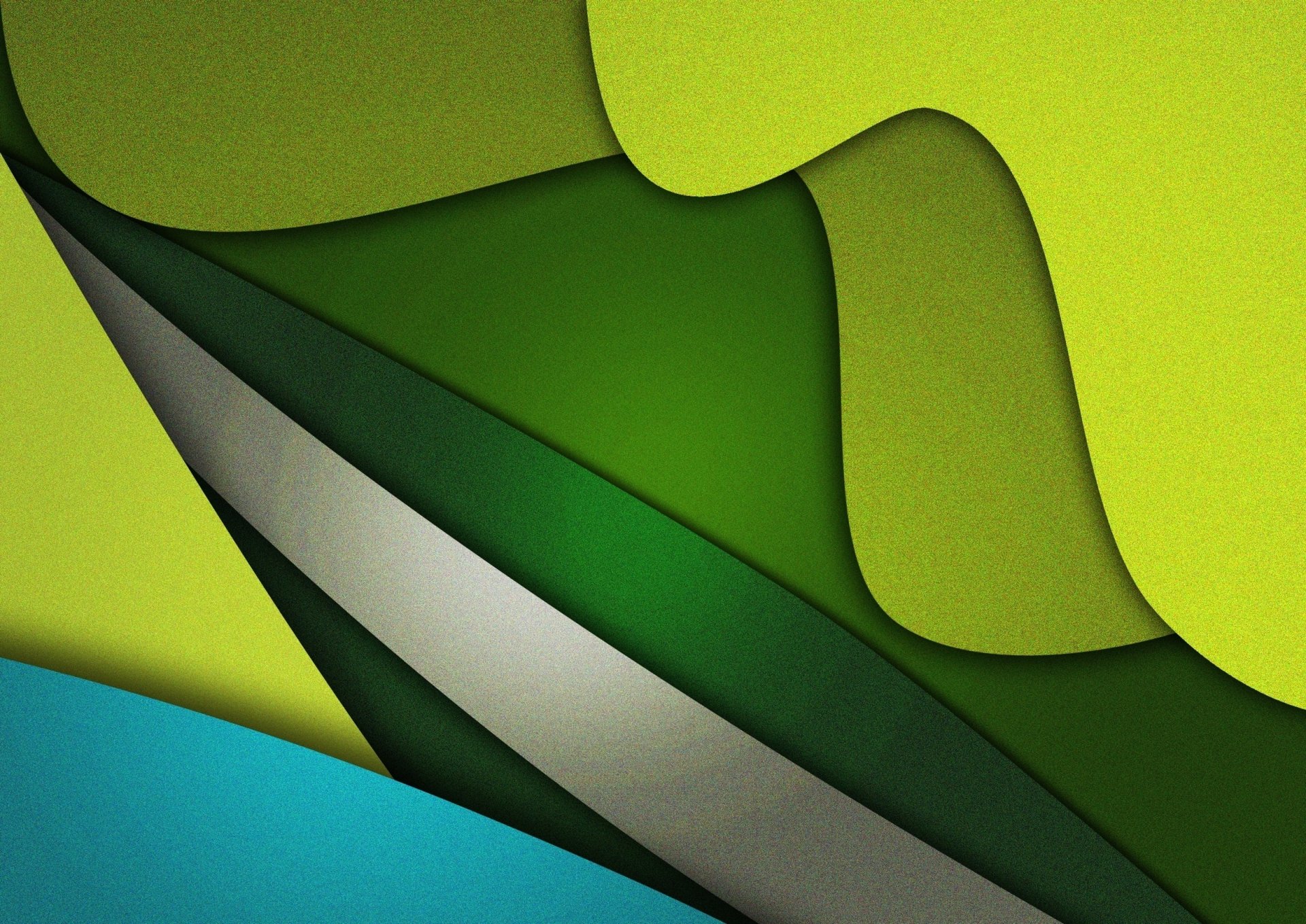 An abstract artistic design featuring layered green and yellow shapes with smooth curves, complemented by a hint of blue, serves as an HD desktop wallpaper and background.