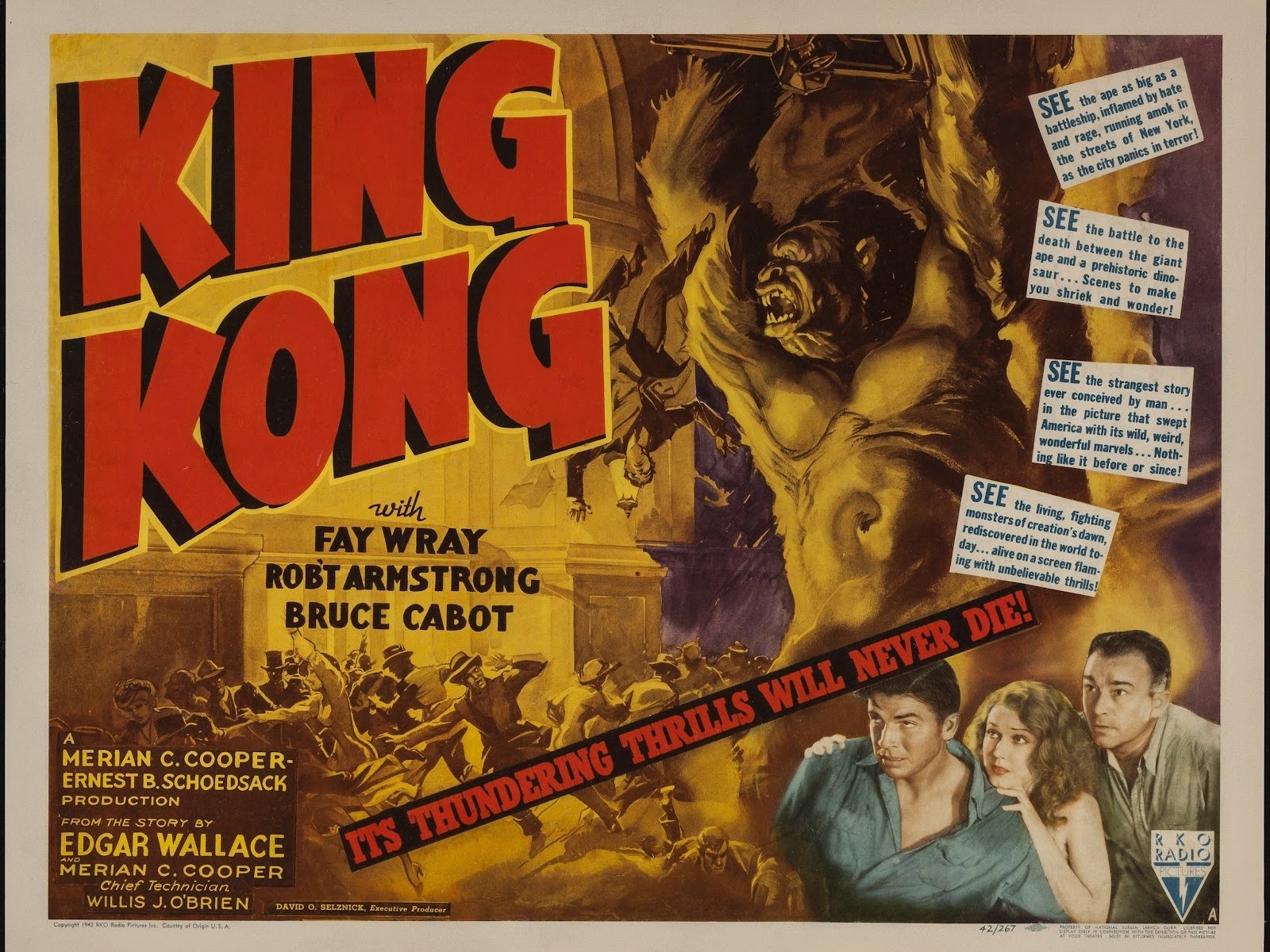 A vibrant HD wallpaper featuring the classic movie King Kong (1933), showcasing dramatic imagery and iconic characters from the legendary film.