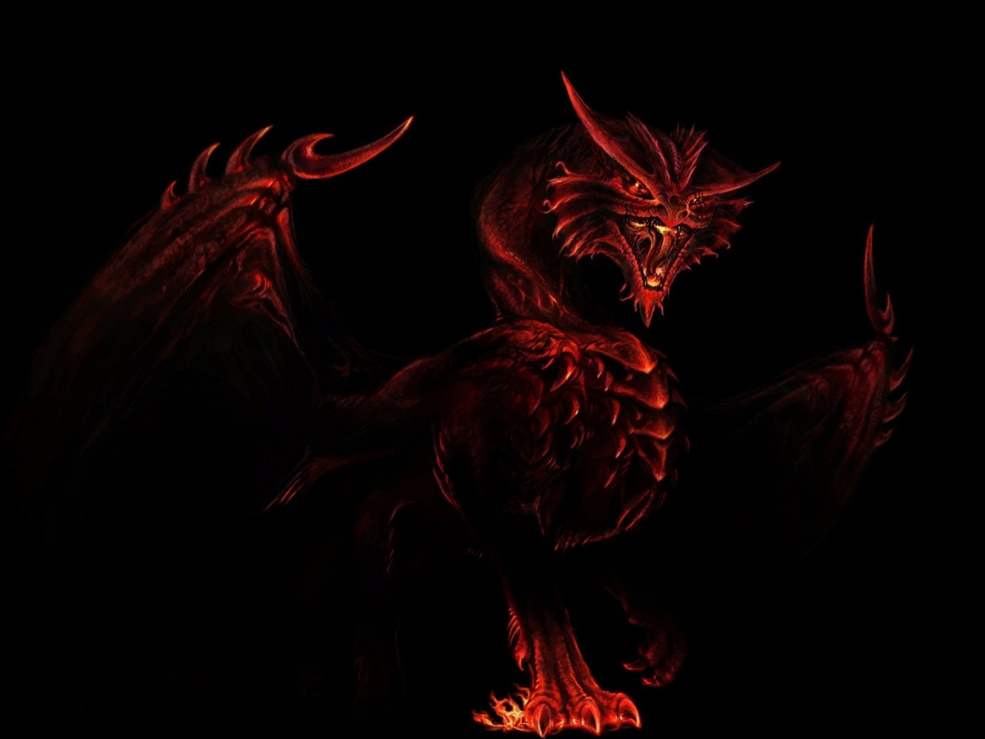 HD fantasy PC desktop wallpaper featuring a fierce red dragon with glowing eyes and spread wings against a dark background.
