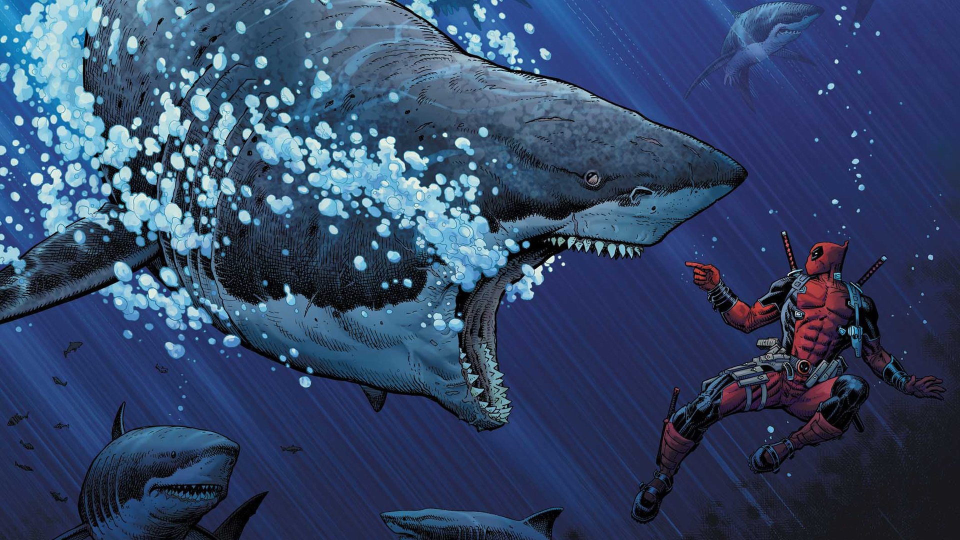 Comic-style HD desktop wallpaper features Deadpool, the Merc with a Mouth, confronting a large shark underwater. Other sharks and marine life surround the intense scene.
