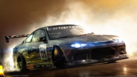 HD PC desktop wallpaper/background from the video game Race Driver: Grid: a blue race car drifts through smoke with glowing headlights and motion blur.
