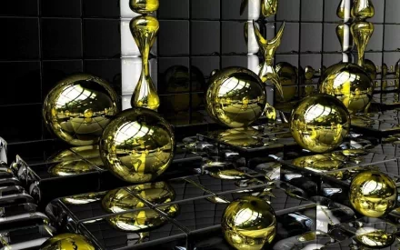 HD PC desktop wallpaper featuring an abstract arrangement of reflective golden spheres against a glossy black and mirrored geometric background.