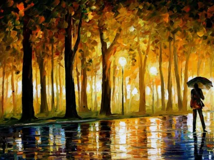 A vibrant oil painting depicts a figure holding an umbrella in a luminous, autumn-lit forest, making for a stunning HD desktop wallpaper and background.