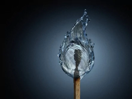 CGI 3D artistic rendering of a matchstick engulfed in a water flame, symbolizing elemental contrast, presented as an HD PC desktop wallpaper background.