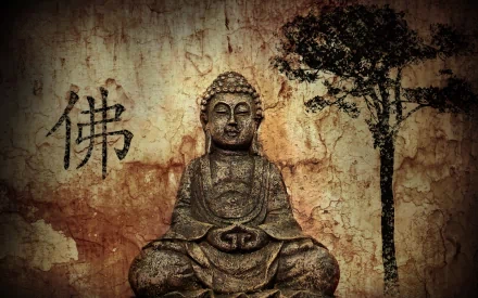 A serene Buddha figure seated against a textured background, adorned with subtle tree imagery and Buddhist symbols, creating an evocative religious atmosphere. HD desktop wallpaper.