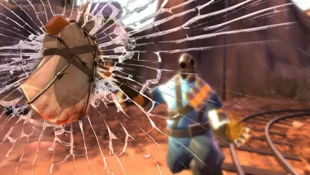 HD PC desktop wallpaper featuring a shattered glass effect with a thrown sandvich and a blurred Team Fortress 2 character in the background.