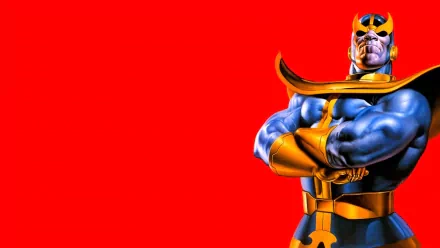 HD desktop wallpaper of comic character Thanos with a bold red background. Thanos, in his armor, stands confidently with arms crossed.