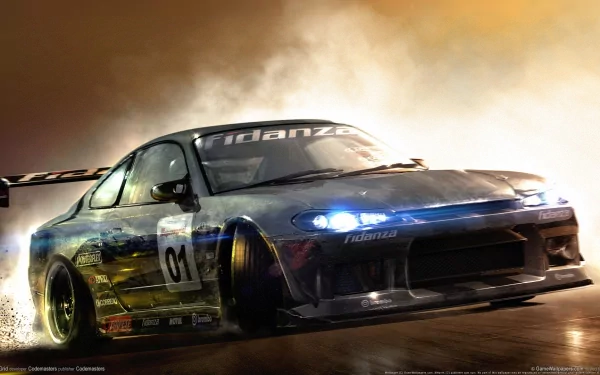 HD PC desktop wallpaper/background from the video game Race Driver: Grid: a blue race car drifts through smoke with glowing headlights and motion blur.