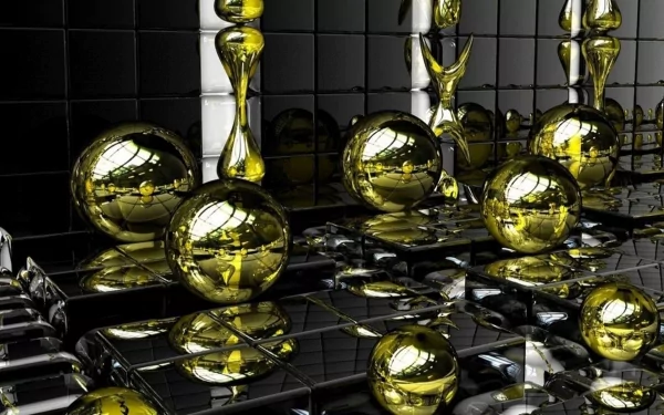 HD PC desktop wallpaper featuring an abstract arrangement of reflective golden spheres against a glossy black and mirrored geometric background.