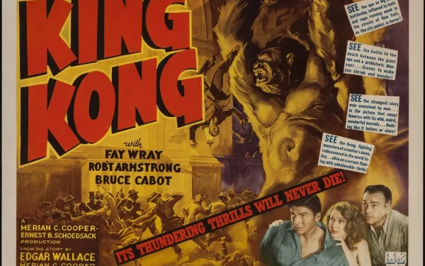A vibrant HD wallpaper featuring the classic movie King Kong (1933), showcasing dramatic imagery and iconic characters from the legendary film.