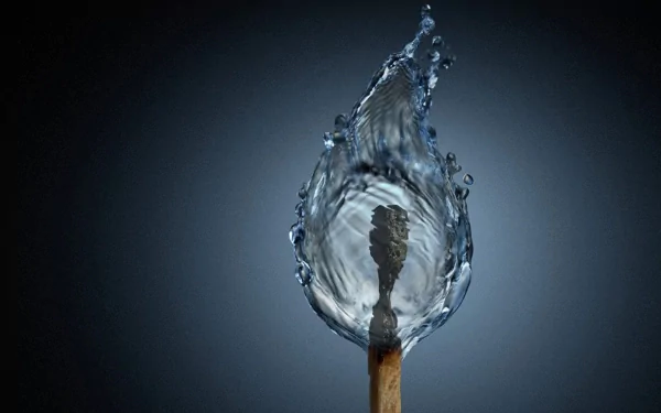 CGI 3D artistic rendering of a matchstick engulfed in a water flame, symbolizing elemental contrast, presented as an HD PC desktop wallpaper background.