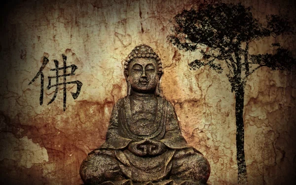 A serene Buddha figure seated against a textured background, adorned with subtle tree imagery and Buddhist symbols, creating an evocative religious atmosphere. HD desktop wallpaper.