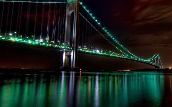 New York night green light bridge man made Verrazzano-Narrows Bridge HD Desktop Wallpaper | Background Image