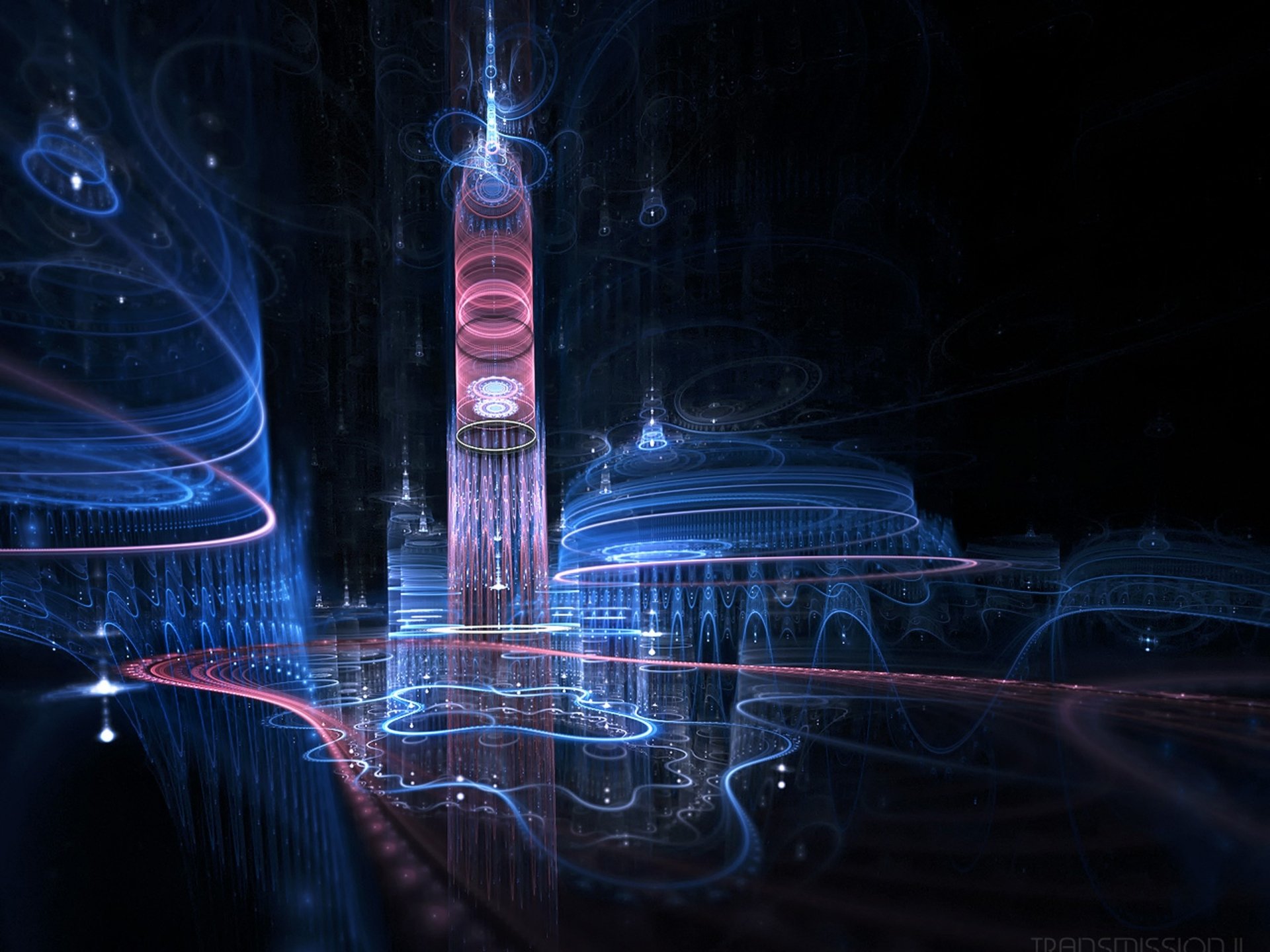 An abstract fractal design featuring intricate light trails and structures, creating a mesmerizing digital landscape. This HD wallpaper enhances any desktop background.