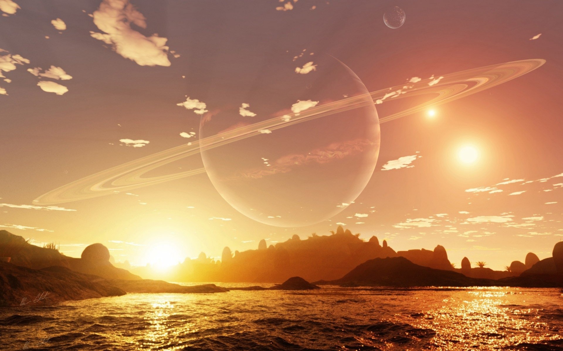 A breathtaking sci-fi landscape featuring a vibrant sunset over a tranquil sea, with a distant planet and rings visible in the sky, creating an immersive HD desktop wallpaper.