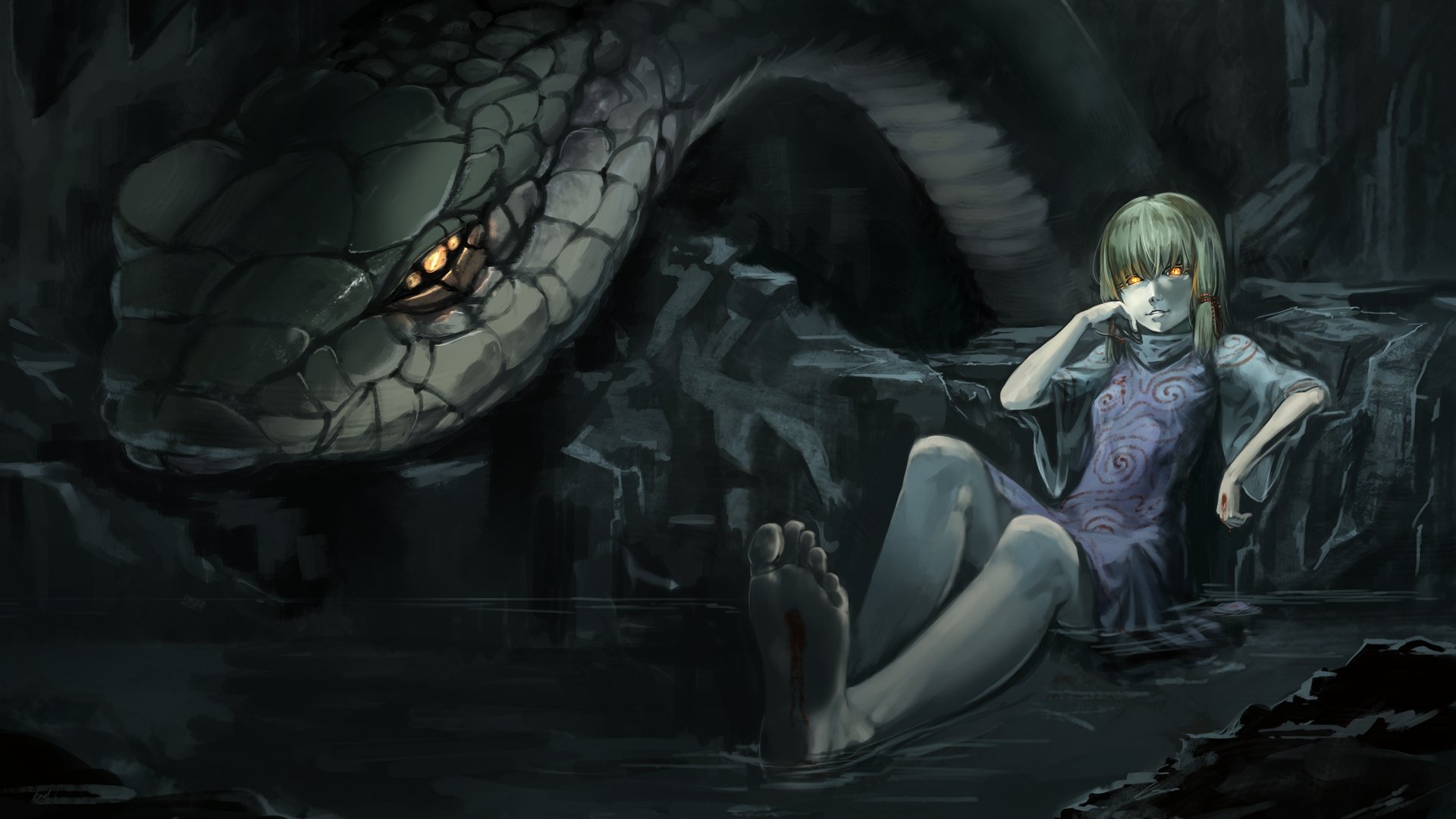 Suwako Moriya from Touhou sits by a dark water's edge, with a large serpent looming behind her, creating an intriguing and atmospheric anime scene. High-definition wallpaper.