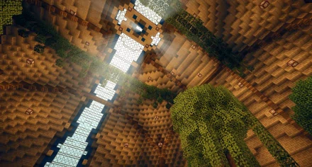 HD Minecraft PC desktop wallpaper featuring detailed shaders illuminating an underground wooden structure with natural light and lush greenery inside a cave.