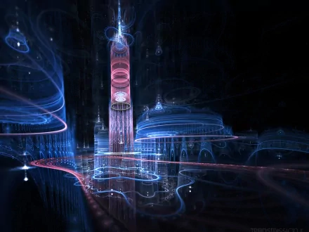 An abstract fractal design featuring intricate light trails and structures, creating a mesmerizing digital landscape. This HD wallpaper enhances any desktop background.