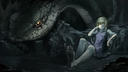 Suwako Moriya from Touhou sits by a dark water's edge, with a large serpent looming behind her, creating an intriguing and atmospheric anime scene. High-definition wallpaper.
