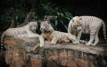 HD desktop wallpaper and background featuring three white tigers resting on a rocky outcrop, surrounded by lush greenery.