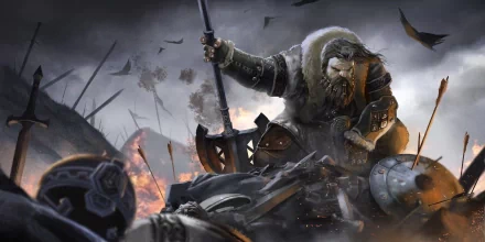 2K Quad HD PC desktop wallpaper from the video game The Hobbit: Armies of the Third Age — dwarf warrior in fur cloak battling armored foes amid smoke and fire.