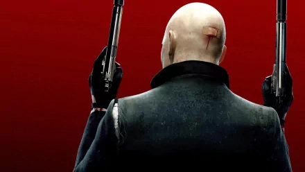 HD PC desktop wallpaper from Hitman: Absolution showing Agent 47 from behind, bald head, black suit, twin pistols held aloft against a red background.