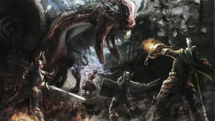 HD PC desktop wallpaper depicting an intense battle scene from the video game Dragon's Dogma: Dark Arisen, featuring armored warriors fighting a massive dragon.