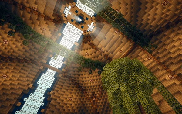 HD Minecraft PC desktop wallpaper featuring detailed shaders illuminating an underground wooden structure with natural light and lush greenery inside a cave.