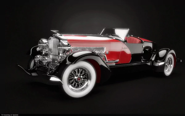 HD desktop wallpaper featuring a classic Duesenberg SJ vehicle in black and red with whitewall tires against a dark background.
