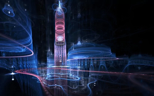 An abstract fractal design featuring intricate light trails and structures, creating a mesmerizing digital landscape. This HD wallpaper enhances any desktop background.