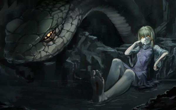 Suwako Moriya from Touhou sits by a dark water's edge, with a large serpent looming behind her, creating an intriguing and atmospheric anime scene. High-definition wallpaper.