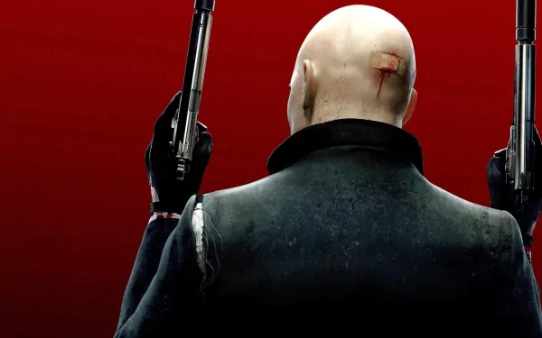 HD PC desktop wallpaper from Hitman: Absolution showing Agent 47 from behind, bald head, black suit, twin pistols held aloft against a red background.