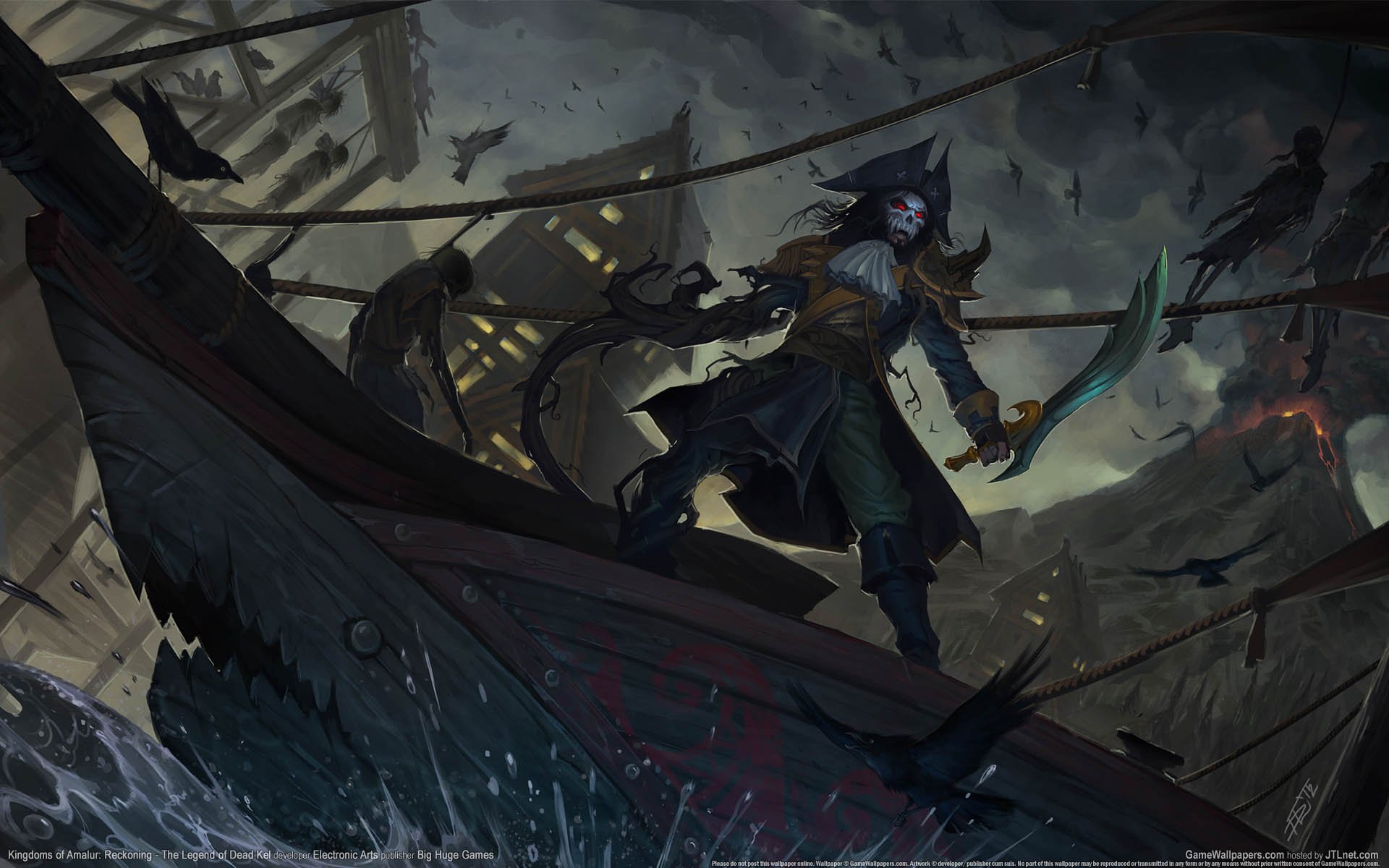 HD PC desktop wallpaper of the video game Kingdoms of Amalur: Reckoning showing a cloaked swashbuckler with twin blades standing on a storm‑tossed ship beneath swirling dark skies and circling crows.