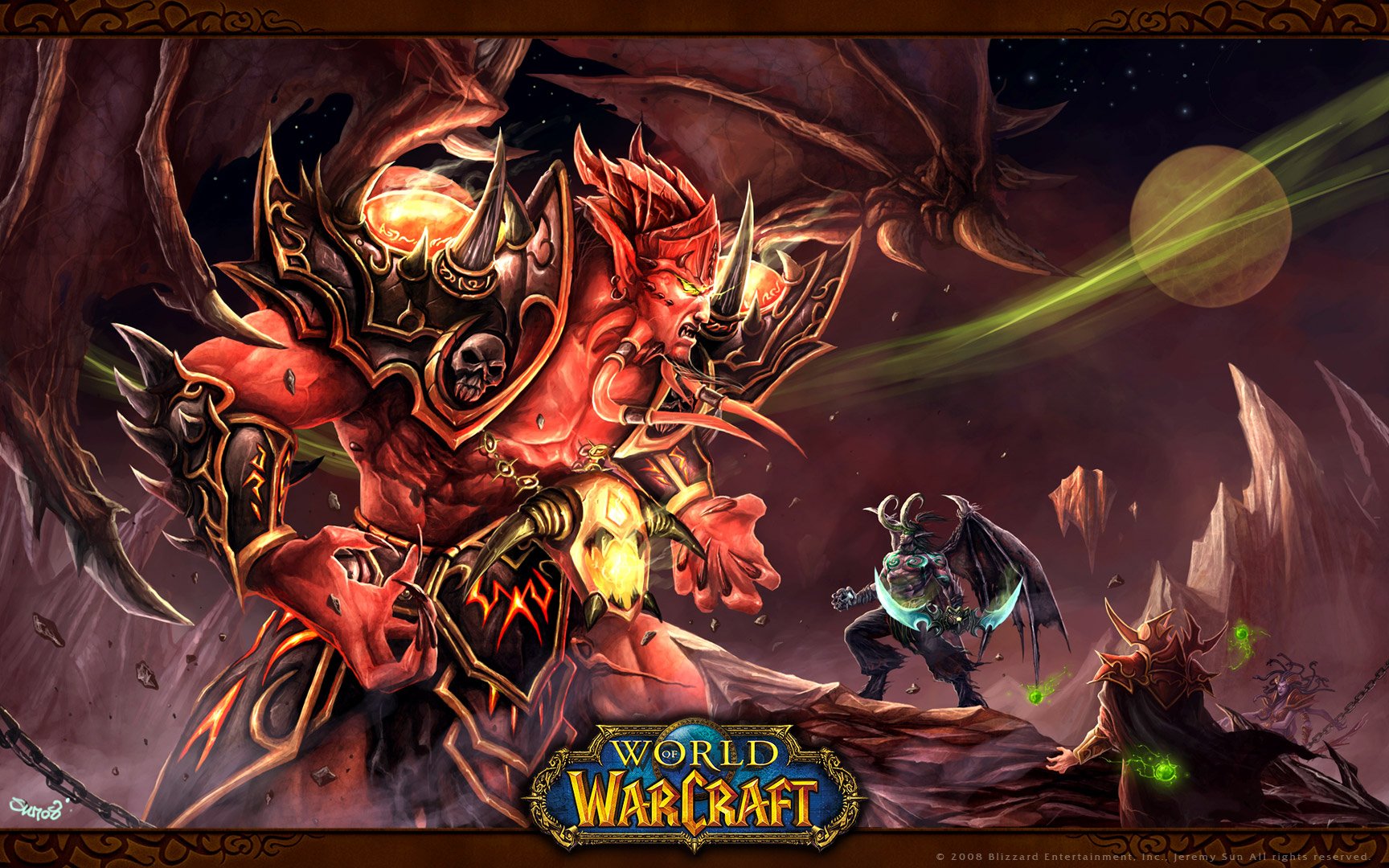 HD PC desktop wallpaper featuring a fiery demon and an armored warrior in an epic battle scene from the video game World of Warcraft.