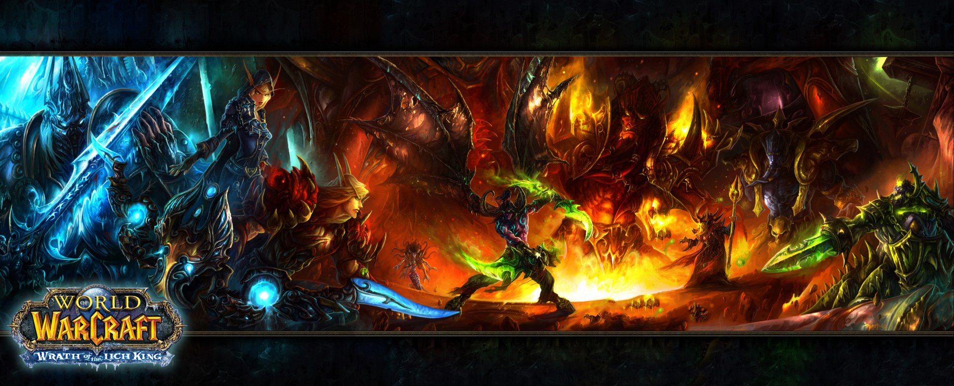 HD PC desktop wallpaper featuring a dramatic battle scene from the video game World of Warcraft: Wrath of the Lich King with fiery and icy elements.