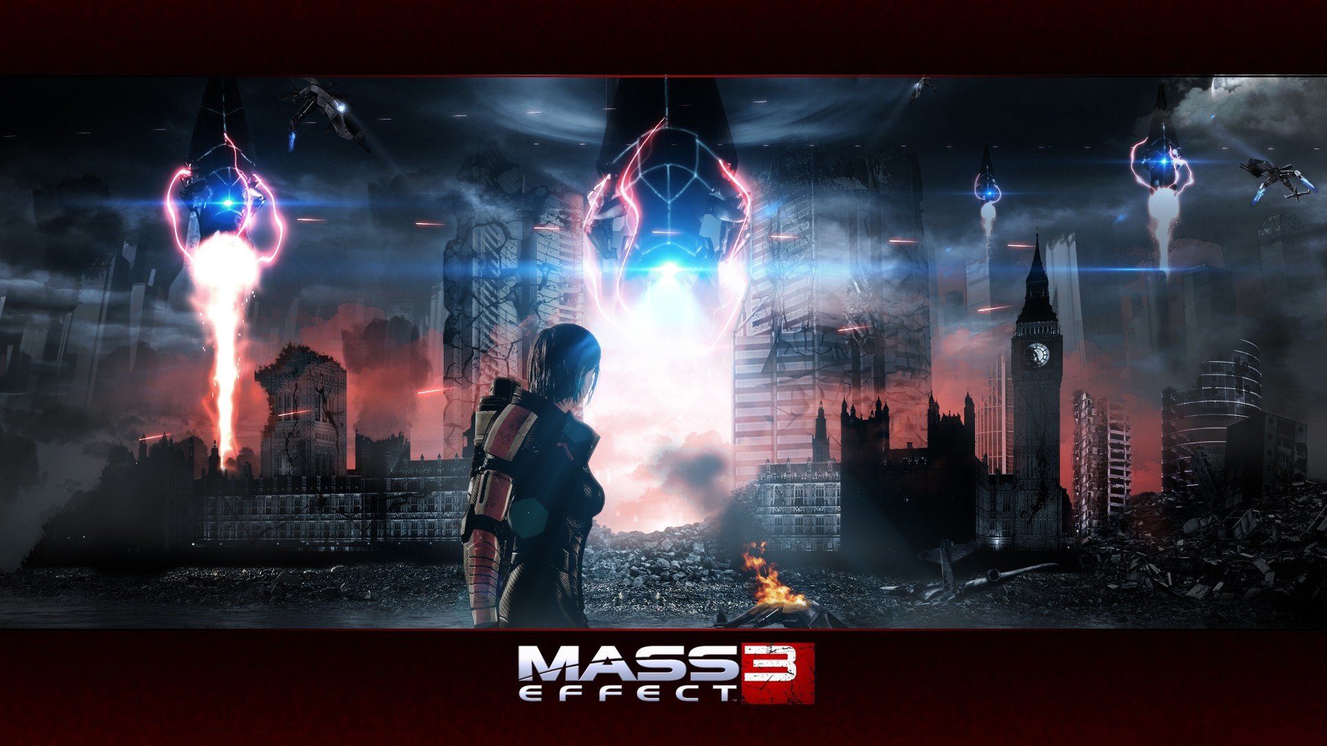 HD PC desktop wallpaper: Commander Shepard from the Mass Effect 3 video game stands in a ruined city as towering Reapers hover, blue-red explosions lighting the skyline; Mass Effect 3 logo at bottom.