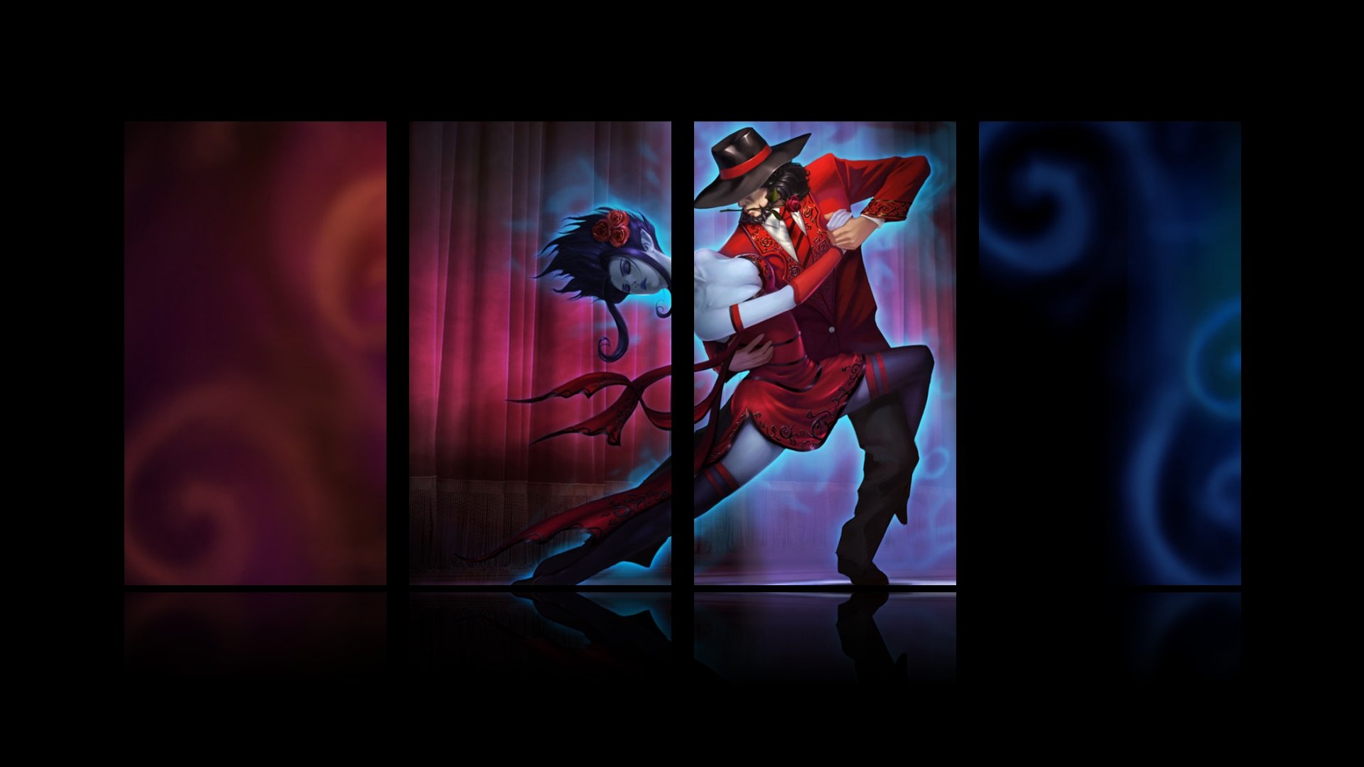 A vibrant HD wallpaper featuring Twisted Fate and Evelynn from League of Legends, showcasing their dynamic designs against a colorful, abstract background.