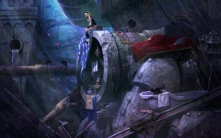 HD PC desktop wallpaper featuring Kat from the video game Gravity Rush, set in a detailed, atmospheric urban environment with mechanical and futuristic elements.