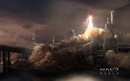 HD PC desktop wallpaper depicting a dramatic rocket launch scene from the video game Halo: Reach, set against a dark, atmospheric backdrop.