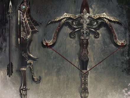 HD fantasy PC desktop wallpaper depicting an intricately designed dark crossbow with red strings, set against a textured, moody background.